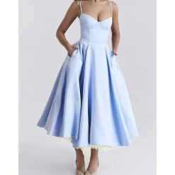 Retro Vintage 1950s Midi Dress Flare Dress Spaghetti Strap Corset Solid Color A-Line Fancy Dress Women's Masquerade Wedding Vacation Tea Party Adults' Dress