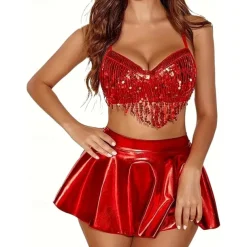 Retro Vintage 1980s Rave Skirt Outfits Crop Top Disco Shiny Latex Patent Metallic Fancy Dress Women's Pride Halloween Carnival Music Festival Pride Parade Pride Month Adults' Skirt Pants Bra Summer