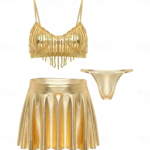 Retro Vintage 1980s Rave Skirt Outfits Crop Top Disco Shiny Latex Patent Metallic Fancy Dress Women's Pride Halloween Carnival Music Festival Pride Parade Pride Month Adults' Skirt Pants Bra Summer