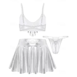 Retro Vintage 1980s Rave Skirt Outfits Crop Top Disco Shiny Latex Patent Metallic Fancy Dress Women's Pride Halloween Carnival Music Festival Pride Parade Pride Month Adults' Skirt Pants Bra Summer