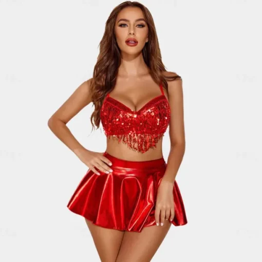Retro Vintage 1980s Rave Skirt Outfits Crop Top Disco Shiny Latex Patent Metallic Fancy Dress Women's Pride Halloween Carnival Music Festival Pride Parade Pride Month Adults' Skirt Pants Bra Summer