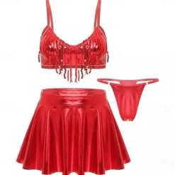 Retro Vintage 1980s Rave Skirt Outfits Crop Top Disco Shiny Latex Patent Metallic Fancy Dress Women's Pride Halloween Carnival Music Festival Pride Parade Pride Month Adults' Skirt Pants Bra Summer