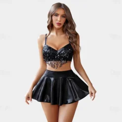 Retro Vintage 1980s Rave Skirt Outfits Crop Top Disco Shiny Latex Patent Metallic Fancy Dress Women's Pride Halloween Carnival Music Festival Pride Parade Pride Month Adults' Skirt Pants Bra Summer