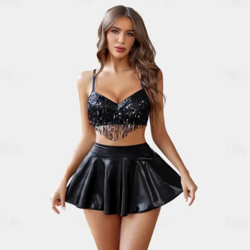 Retro Vintage 1980s Rave Skirt Outfits Crop Top Disco Shiny Latex Patent Metallic Fancy Dress Women's Pride Halloween Carnival Music Festival Pride Parade Pride Month Adults' Skirt Pants Bra Summer