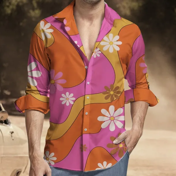 Retro Vintage 1970s Shirt Aloha Shirt Hippie Floral Fancy Dress Men's Masquerade Party Daily Wear Pride Parade Adults' Shirt