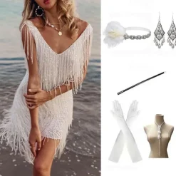 Retro Vintage 1920s Short Length Flapper Dress Dress Outfits Sleeveless The Great Gatsby Wedding Guest Tassel Fringe Solid Colored Tassel V Neck Fancy Dress Women's Halloween Masquerade Halloween