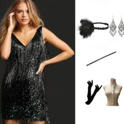 Retro Vintage 1920s Short Length Flapper Dress Dress Outfits Sleeveless The Great Gatsby Wedding Guest Tassel Fringe Solid Colored Tassel V Neck Fancy Dress Women's Halloween Masquerade Halloween