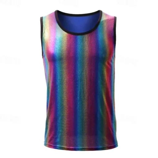 Retro Vintage 1980s Tank Top Singlet Disco Shiny Latex Patent Metallic Rainbow Fancy Dress Men's Halloween Carnival Pride Parade Pride Month Adults' Vest All Seasons