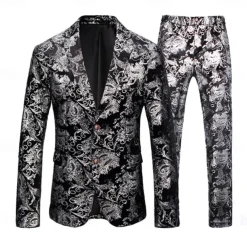 Retro Vintage 1980s Tuxedo Suits & Blazers Lapel Collar Blazer Groomsmen Jacquard Turndown Fancy Dress Men's Masquerade Wedding Wedding Guest Halloween Adults' Coat Pants