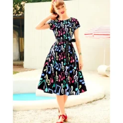 Retro Vintage 1950s Vacation Dress Knee Length Flapper Dress Swing Dress Musical Notes Fancy Dress Women's Carnival Masquerade Vacation Casual Daily Retro Theme Party Adults' Dress