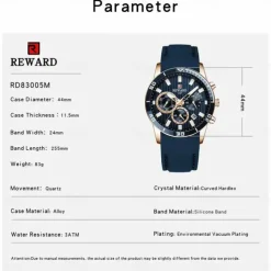 REWARD Men Quartz Watch Fashion Casual Wristwatch Luminous Calendar Chronograph Waterproof Silicone Gel Watch