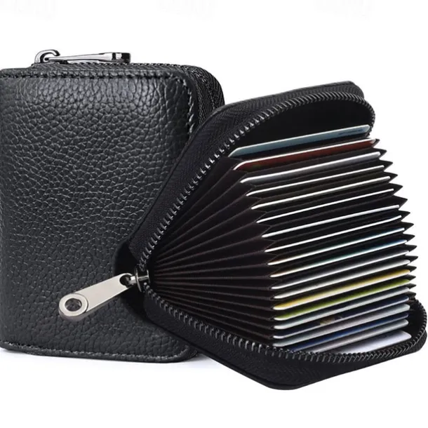 RFID 20 Card Slots Credit Card Holder Genuine Leather Small Card Case for Women or Men Accordion Wallet with Zipper