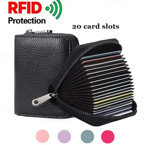 RFID 20 Card Slots Credit Card Holder Genuine Leather Small Card Case for Women or Men Accordion Wallet with Zipper