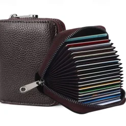 RFID 20 Card Slots Credit Card Holder Genuine Leather Small Card Case for Women or Men Accordion Wallet with Zipper