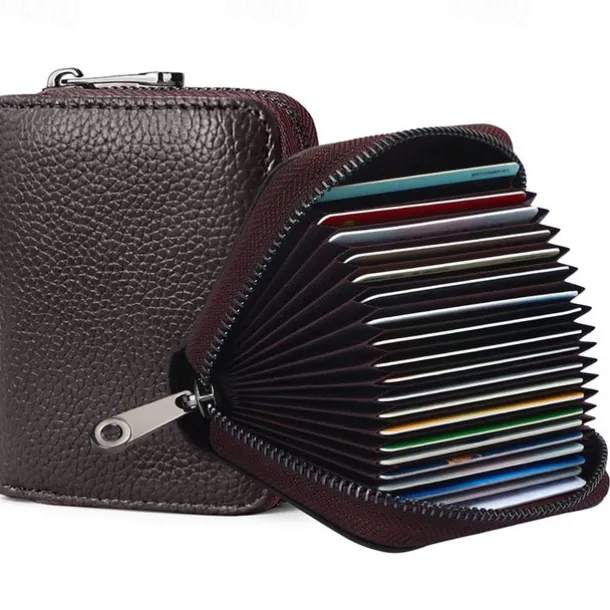 RFID 20 Card Slots Credit Card Holder Genuine Leather Small Card Case for Women or Men Accordion Wallet with Zipper