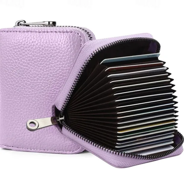 RFID 20 Card Slots Credit Card Holder Genuine Leather Small Card Case for Women or Men Accordion Wallet with Zipper