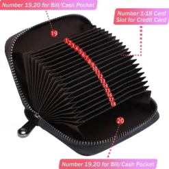RFID 20 Card Slots Credit Card Holder Genuine Leather Small Card Case for Women or Men Accordion Wallet with Zipper