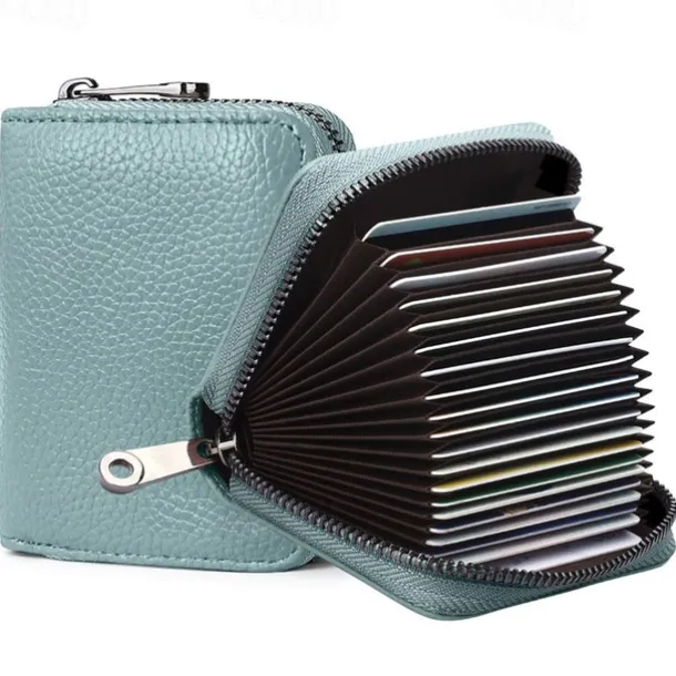 RFID 20 Card Slots Credit Card Holder Genuine Leather Small Card Case for Women or Men Accordion Wallet with Zipper