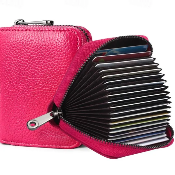 RFID 20 Card Slots Credit Card Holder Genuine Leather Small Card Case for Women or Men Accordion Wallet with Zipper