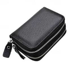 RFID Blocking Leather Coin Purse Twin Golden Metal Zippers Sectioned Concertina 9 Credit Card Case 4 Pocket money Case