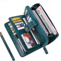 RFID Blocking Long Wallet With Wristlet, Retro Style Faux Leather Wallet With Multi Card Slots & Id Window