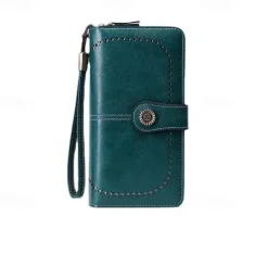 RFID Blocking Long Wallet With Wristlet, Retro Style Faux Leather Wallet With Multi Card Slots & Id Window