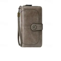 RFID Blocking Long Wallet With Wristlet, Retro Style Faux Leather Wallet With Multi Card Slots & Id Window