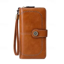 RFID Blocking Long Wallet With Wristlet, Retro Style Faux Leather Wallet With Multi Card Slots & Id Window