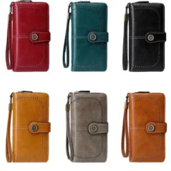 RFID Blocking Long Wallet With Wristlet, Retro Style Faux Leather Wallet With Multi Card Slots & Id Window