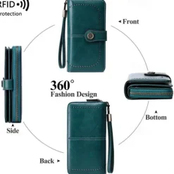 RFID Blocking Long Wallet With Wristlet, Retro Style Faux Leather Wallet With Multi Card Slots & Id Window