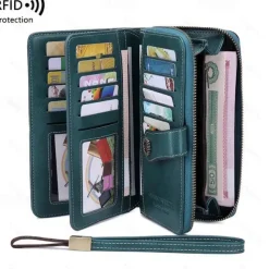 RFID Blocking Long Wallet With Wristlet, Retro Style Faux Leather Wallet With Multi Card Slots & Id Window