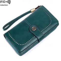 RFID Blocking Long Wallet With Wristlet, Retro Style Faux Leather Wallet With Multi Card Slots & Id Window