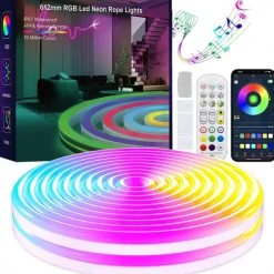 RGB Waterproof Smart Neon Rope Light Kit, Silicone LED Strip Lights 3M, 5M, or 2x5M Bluetooth App Control, Dimmable, Music Sync, Multi-Color, DIY Cuttable