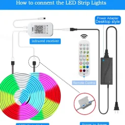 RGB Waterproof Smart Neon Rope Light Kit, Silicone LED Strip Lights 3M, 5M, or 2x5M Bluetooth App Control, Dimmable, Music Sync, Multi-Color, DIY Cuttable