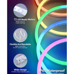 RGBIC LED Neon Rope Light,1.6-16FT USB 5V Color Changing Strip Light with APP & Music Control, IP65 Waterproof for Bedroom & Party Decor 1PC