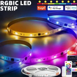 RGBIC LED Strip Compatible with Alexa Google Home Color Changing LED Light Music Sync TUYA WiFi for Bedroom Ceiling Playroom Shustar