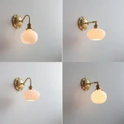 Ribbed Ceramic Ball Shaped Wall Light with Brushed Brass Carved Flower Lamp Fixture Nordic Modern LED Wall Lamp 85-265V