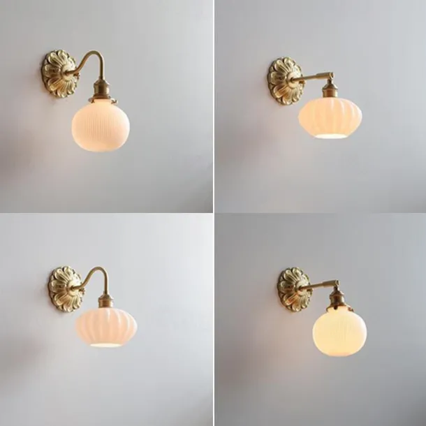 Ribbed Ceramic Ball Shaped Wall Light with Brushed Brass Carved Flower Lamp Fixture Nordic Modern LED Wall Lamp 85-265V