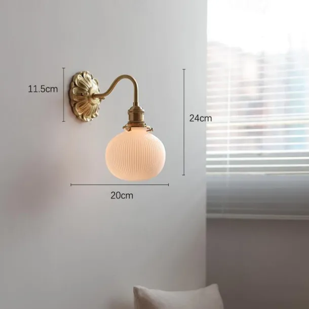 Ribbed Ceramic Ball Shaped Wall Light with Brushed Brass Carved Flower Lamp Fixture Nordic Modern LED Wall Lamp 85-265V