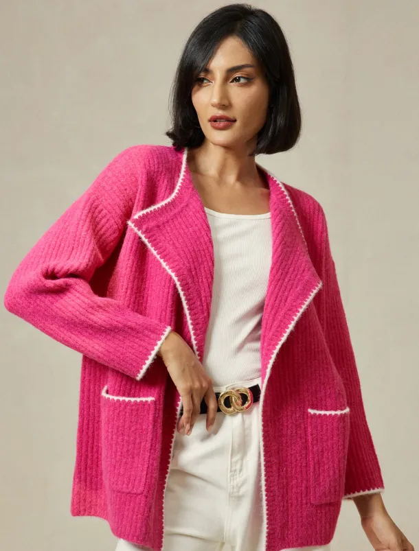 Ribbed Knit Wool Blend Drop Shoulder Cardigan