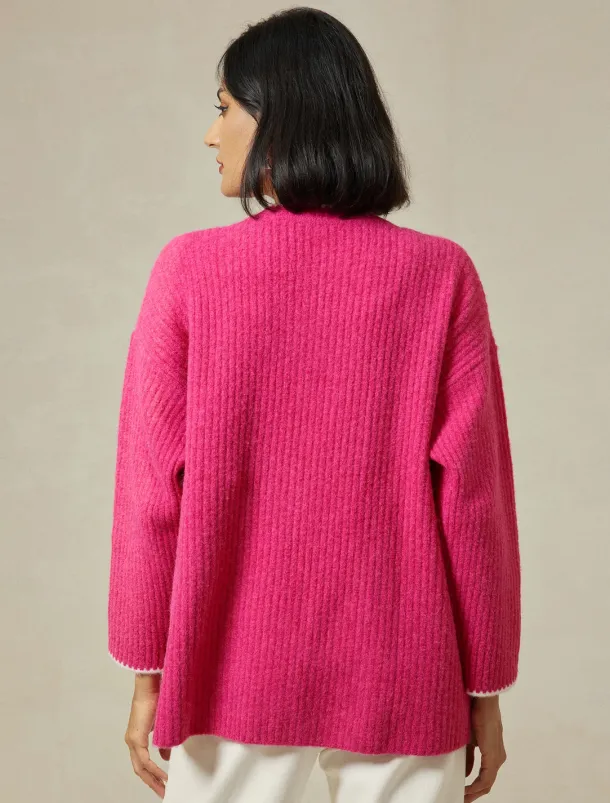 Ribbed Knit Wool Blend Drop Shoulder Cardigan