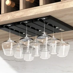 Riipoo Wine Glass Rack Hanger Under Cabinet, Wine Glass Holder Under Shelf, Stemware Rack Black for Cabinet, 2-Pack