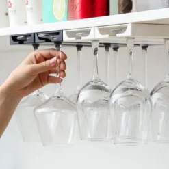 Riipoo Wine Glass Rack Hanger Under Cabinet, Wine Glass Holder Under Shelf, Stemware Rack Black for Cabinet, 2-Pack