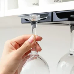 Riipoo Wine Glass Rack Hanger Under Cabinet, Wine Glass Holder Under Shelf, Stemware Rack Black for Cabinet, 2-Pack