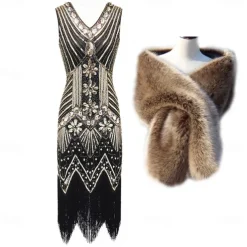 Roaring 20s 1920s Cocktail Dress Flapper Dress Dress Outfits Normal Sleeveless The Great Gatsby Charleston Plus Size Sequins Tassel Fringe Sequin V Neck Fancy Dress Women's Christmas New Year