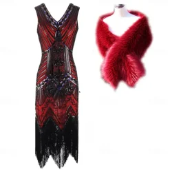 Roaring 20s 1920s Cocktail Dress Flapper Dress Dress Outfits Normal Sleeveless The Great Gatsby Charleston Plus Size Sequins Tassel Fringe Sequin V Neck Fancy Dress Women's Christmas New Year