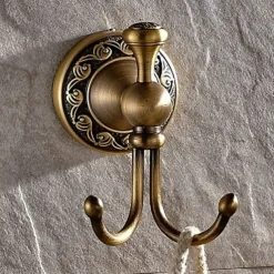 Robe Hook Antique Brass Retro Style Wall Mounted for Bathroom Double Hooks 1pc