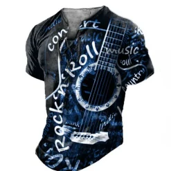 Rock N Roll Guitar Mens Graphic Shirt And 3D Red Summer Cotton Henley Tee Musical Instrument Clothing Apparel Print Daily Sports Short Sleeve Concert