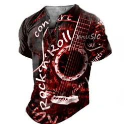 Rock N Roll Guitar Mens Graphic Shirt And 3D Red Summer Cotton Henley Tee Musical Instrument Clothing Apparel Print Daily Sports Short Sleeve Concert