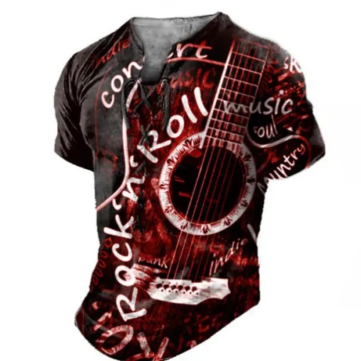 Rock N Roll Guitar Mens Graphic Shirt And 3D Red Summer Cotton Henley Tee Musical Instrument Clothing Apparel Print Daily Sports Short Sleeve Concert